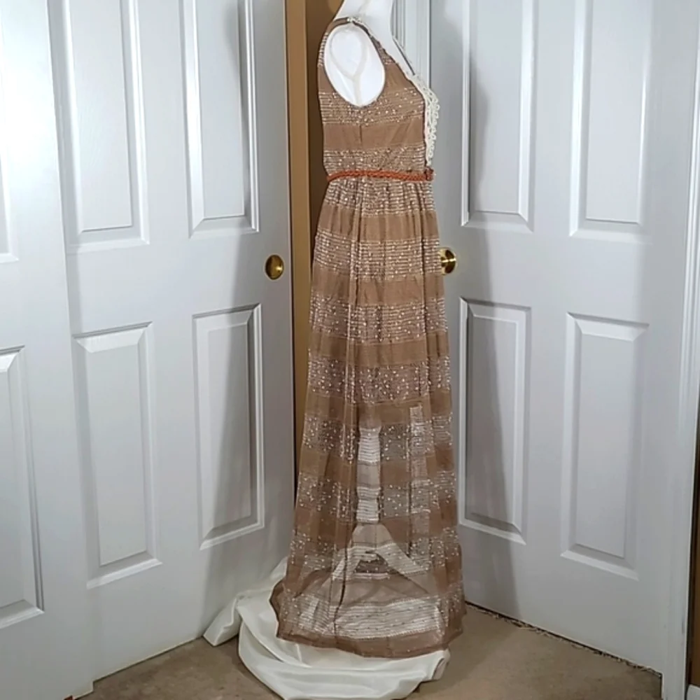 A'reve Striped Sleeveless Maxi Sundress Dress Brown Cream Crocheted Front - Picture 5 of 16